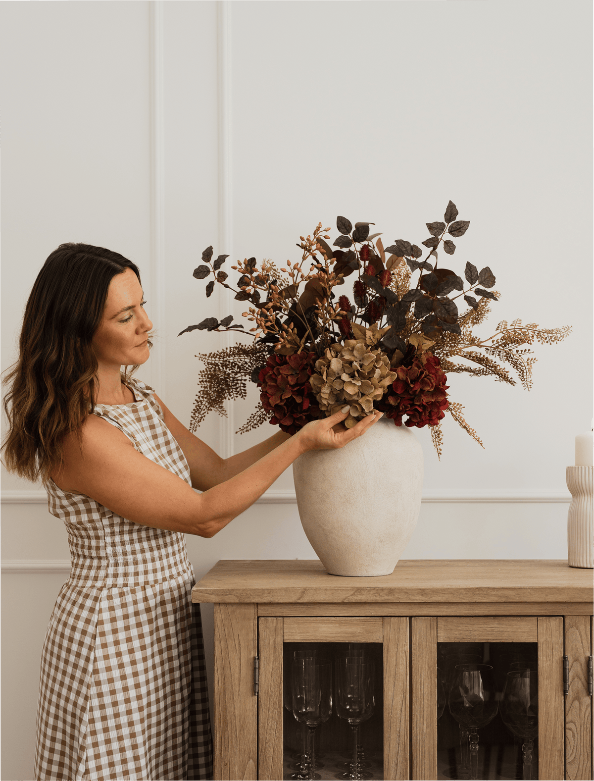 Faux Arrangement - Natural Fern Spray & Maroon Hydrangea