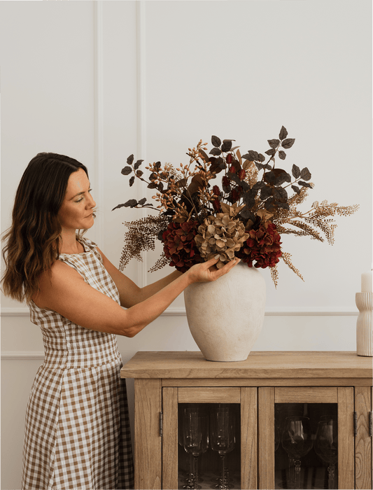 Faux Arrangement - Natural Fern Spray & Maroon Hydrangea