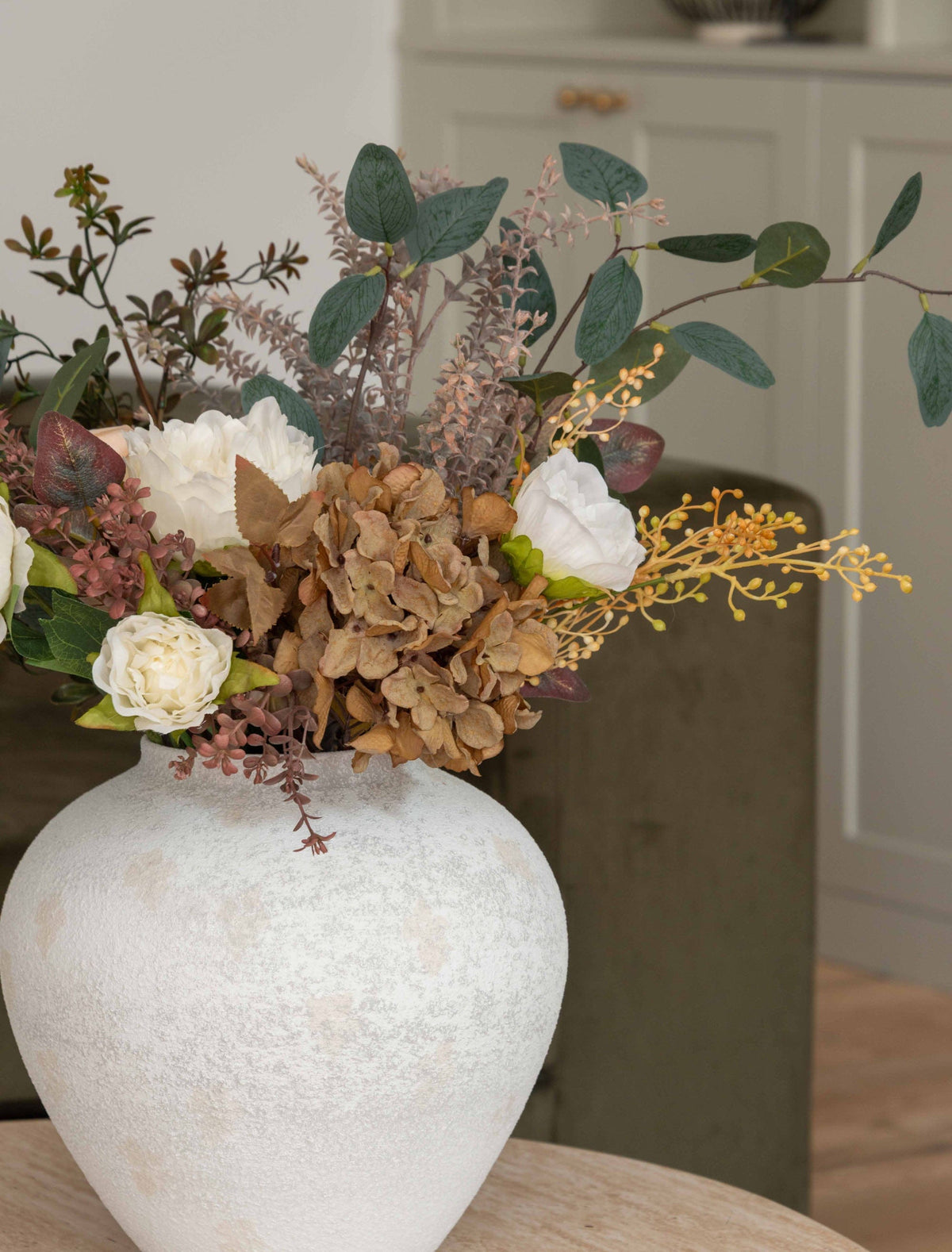 Faux Arrangement - Green Eucalyptus & Burgundy Spray
