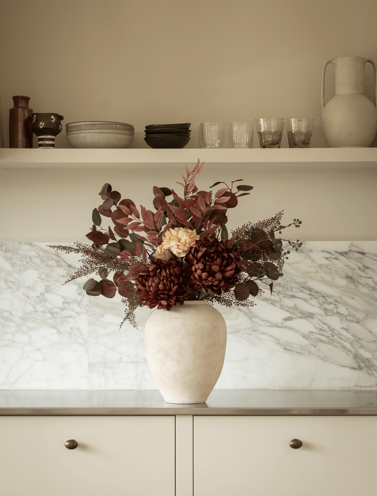Faux Arrangement - Burgundy Dahlia & Cream Peony