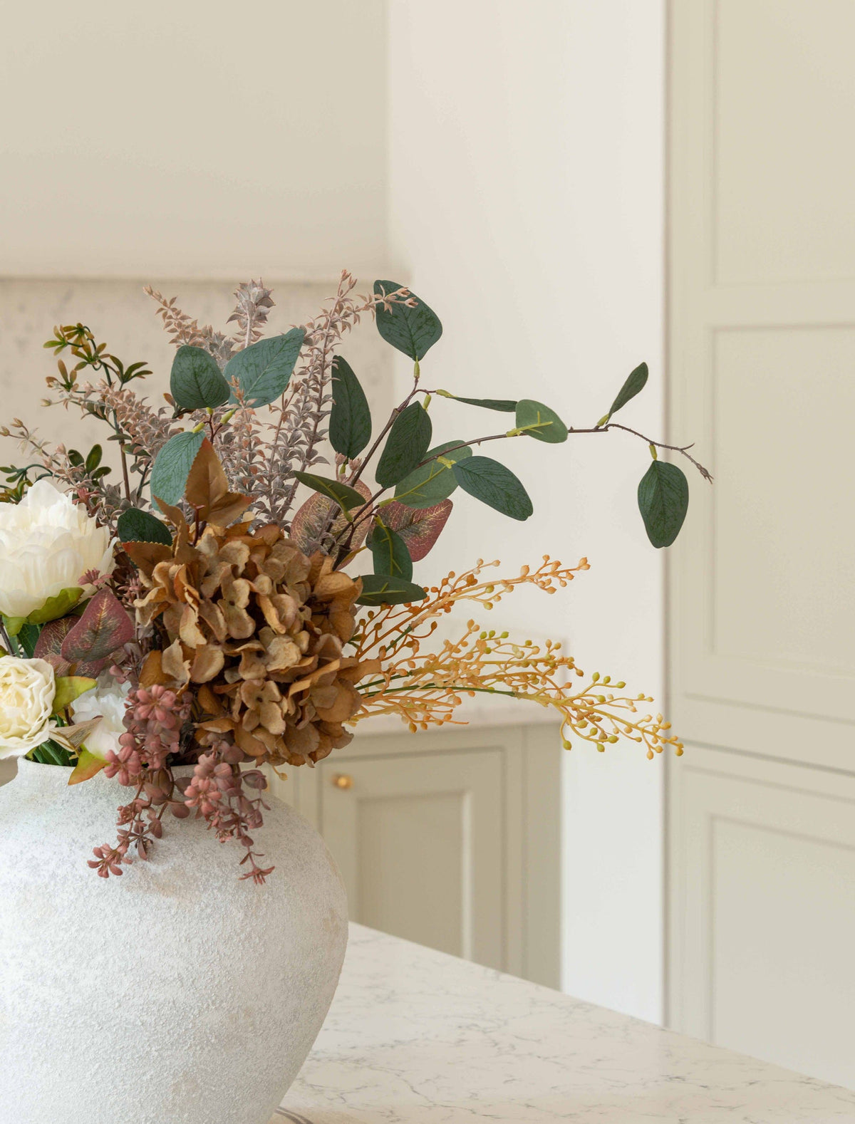 Faux Arrangement - Green Eucalyptus & Burgundy Spray